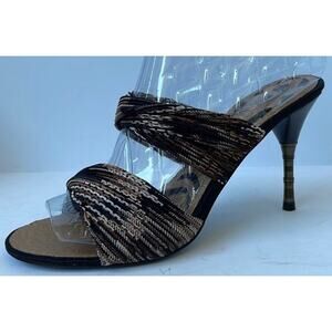 Nine West Fabric Gold Black Slip On Mule Kitten Heel Boho Sandals Size 8 NEW